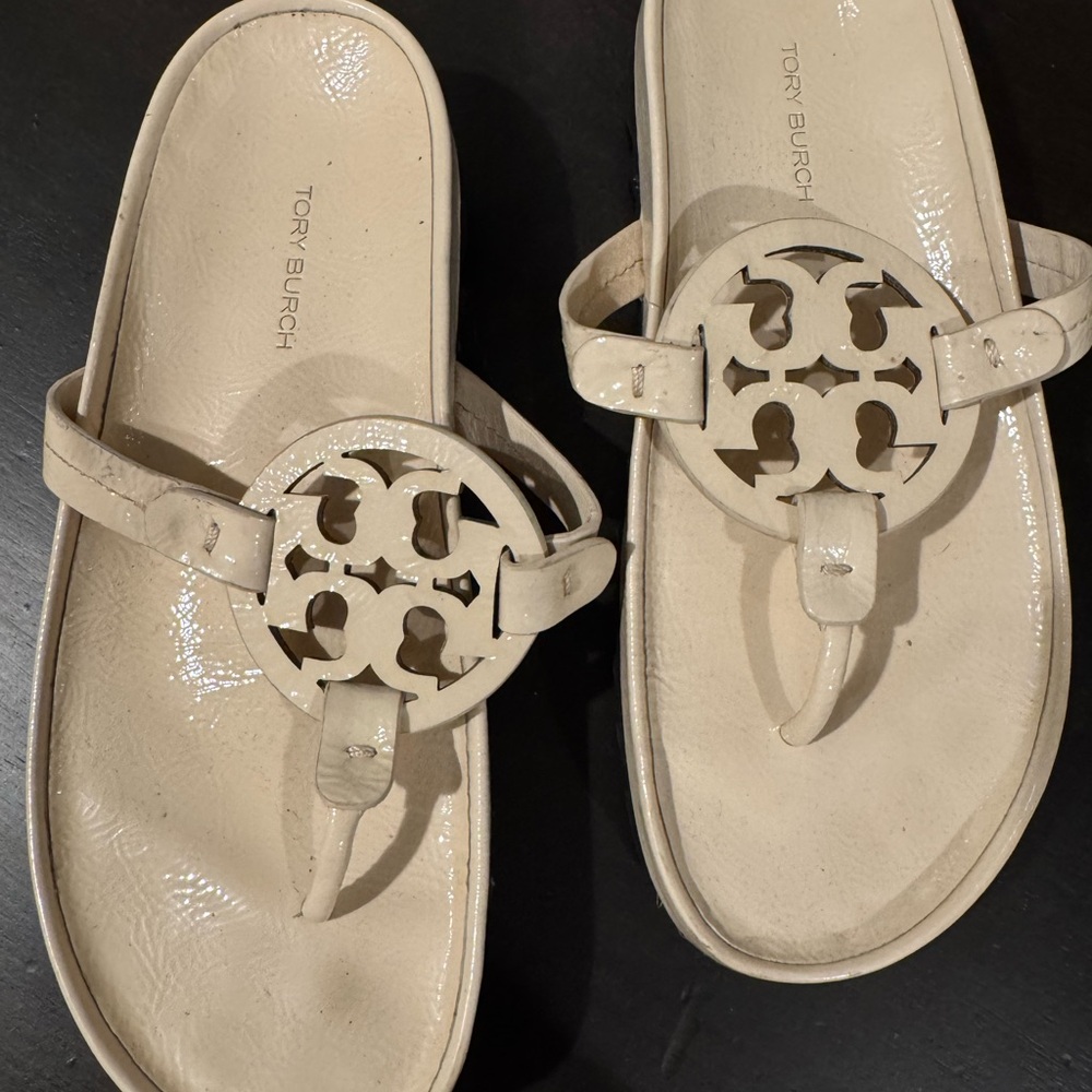 Tory Burch Cream Patent Leather Miller Thong Sandals